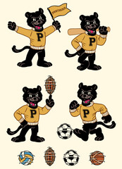 Set of Black Panther Sport Mascot in Vintage Retro Hand Drawn Style © bazzier