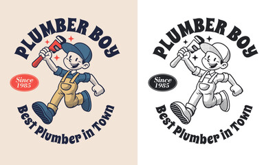 Retro Cartoon Character of Plumber Boy Service Mascot