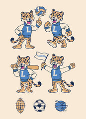 Set of Leopard Sport Mascot in Vintage Retro Hand Drawn Style