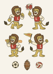 Set of Lion Sport Mascot in Vintage Retro Hand Drawn Style