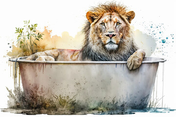 lion sitting in bathtub in aquarelle style, ai generated