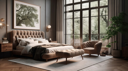 Beautiful interior of the bedroom with a bed and an armchair by the large window. Generative AI