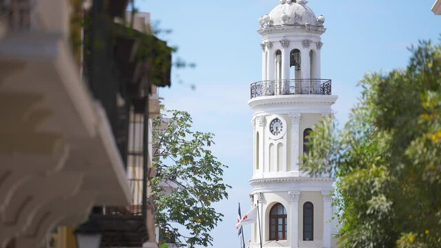 Dominican Republic, Santo Domingo - April 23, 2023: Palacio Consistoral tower view from Arzobispo Merino street, most popular tourist destination in the Colonial Zone 