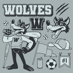 Wolf Mascot Vintage set in Hand Drawn Style © bazzier