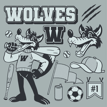 Wolf Mascot Vintage set in Hand Drawn Style