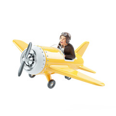3d cartoon man flying in retro airplane