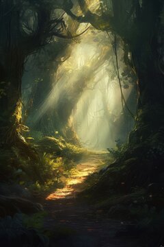 Path through a whimsical green forest.generative ai