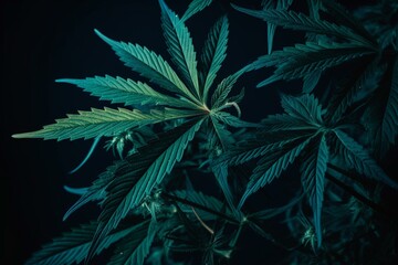 Naklejka na ściany i meble Neon-tinted cannabis leaves on dark background. Large foliage of medicinal hemp, offering a new agricultural strain. Generative AI