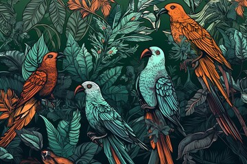 Hand-drawn seamless tropical pattern with birds, plants and leaves, perfect for wallpapers and fabric printing. Generative AI