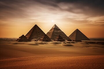 A marvel of the world - the pyramids of Giza in Egypt. Generative AI - obrazy, fototapety, plakaty