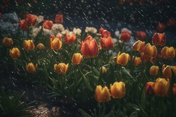 Obraz na płótnie Canvas Realistic illustration of a stormy flower garden with tulips in close-up amidst heavy rain. Generative AI