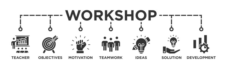 Workshop banner web icon vector illustration concept with icon of teacher, objectives, motivation, teamwork, ideas, solution, and development