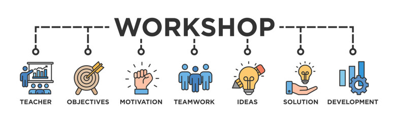 Workshop banner web icon vector illustration concept with icon of teacher, objectives, motivation, teamwork, ideas, solution, and development