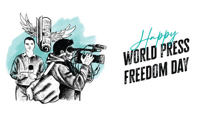 Fototapeta na wymiar Happy World Press Freedom Day. Hand Drawn Illustration. 