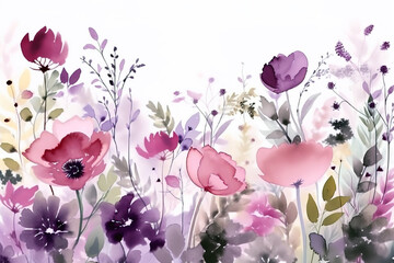 Hand-drawn water paint spring flowers field on white background. Digitally generated AI image