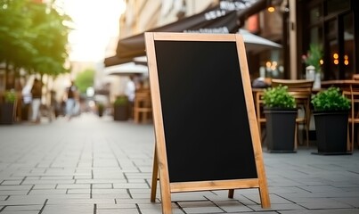 Cafe menu on the street, blackboard sign mockup in front of a restaurant. generative AI - obrazy, fototapety, plakaty