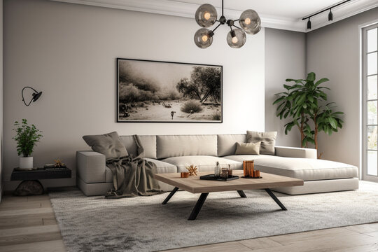 Modern, clean living room with sofa, center table, rug, and blank pictures on the wall. Generative AI