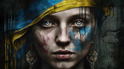 Portrait of woman with colors of Ukrainian flag on her face. Urkaine war.