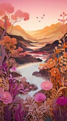 Obraz premium Autumn nature, landscape art paper cut. Generative AI