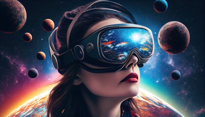 Portrait of young woman in VR glasses headset on space galaxy fantastic background. Virtual reality futuristic concept.