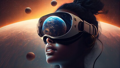 Portrait of young woman in VR glasses headset on space galaxy fantastic background. Virtual reality futuristic concept.