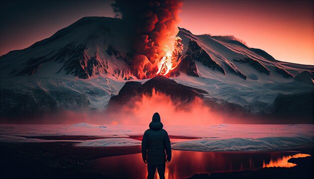 Man looking at eruption of volcano at night, natural disaster, ai generative