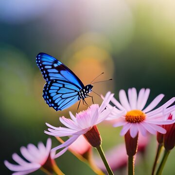 Colorful butterfly perched on a beautiful blooming flower, with the help of sunlight, Great for wallpapers, business, animal lovers, greeting cards, websites etc. Ai generated image