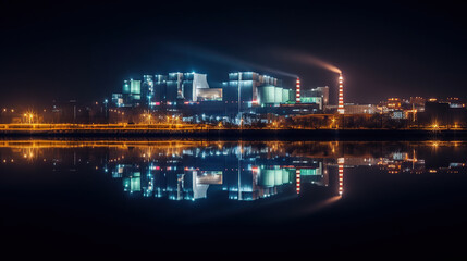 Fototapeta na wymiar The cooling towers at night of the nuclear power generation plant, generative ai