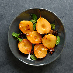 Poached pears on plate