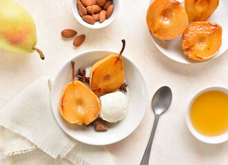 Vanilla poached pears with ice cream