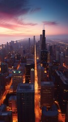 Fototapeta premium Cityscape of chicago at dusk with lights from the skyline. Generative AI