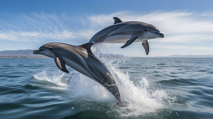 Fototapeta premium Beautiful bottlenose dolphins jumping out of sea with clear blue water on sunny day, generative ai