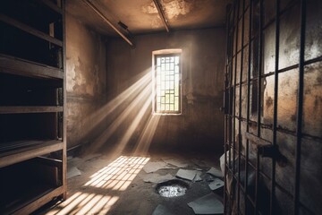 Prison cell with sunlight shining in. Generative AI