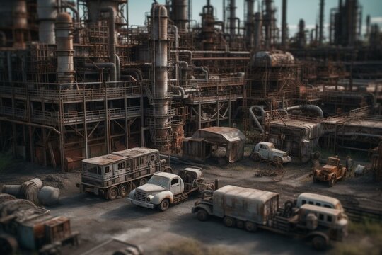 Abandoned oil refinery holds kids' toy. Generative AI