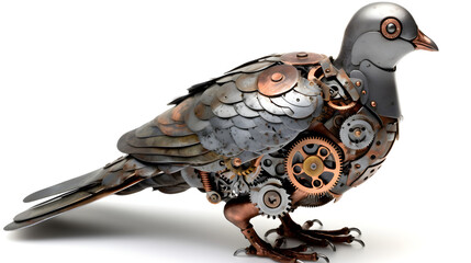 Metal steampunk pigeon on a white background. Generative AI.