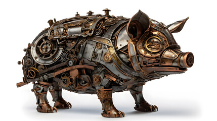 Metal steampunk pig on a white background. Generative AI.