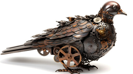 Metal steampunk pigeon bird on a white background. Generative AI.