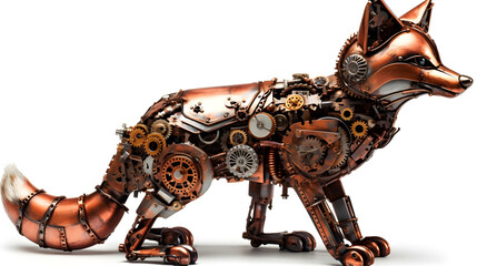 Metal steampunk fox on a white background. Generative AI.