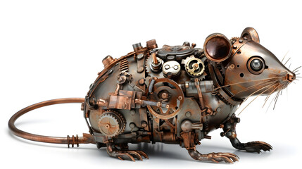Metal steampunk decotative rat on a white background. Generative AI.