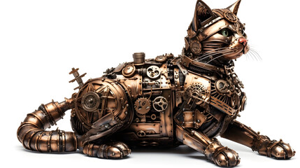 Metal steampunk cat on a white background. Generative AI.