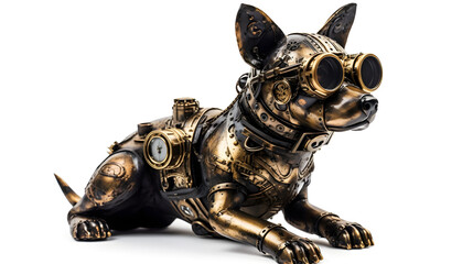 Metal steampunk dog on a white background. Generative AI.