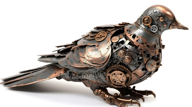 Metal steampunk pigeon with decorative elements on a white background. Generative AI.