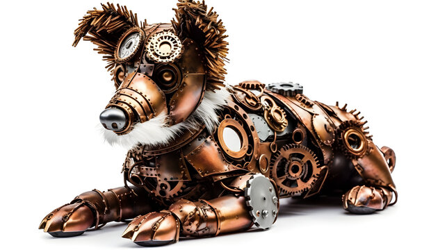 Partially metal steampunk dog on a white background. Generative AI.