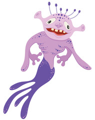 A lilac funny monster creature with a crown that looks like a reptile mermaid from another world. Vector image.