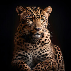Naklejka na ściany i meble Close up portrait of leopard on black background created with Generative AI technology.