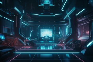 Futuristic stage with neon glow and cyberpunk vibes, allowing virtual reality simulation. Generative AI