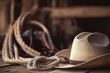 Close up cowboy hat and rope. Ai generative.