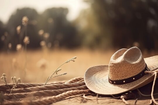 Close up cowboy hat and rope. Ai generative.