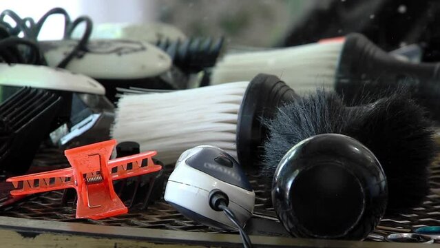 Professional Hairdresser Tools on Table in a Barbershop. Close Up.