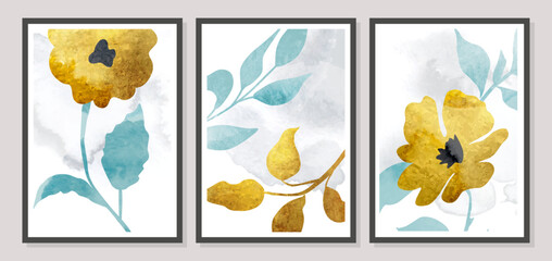 Wall art set with beautiful golden flowers.Elegant design.Floral background.Can be used as invitation card,card,cover and more.Vector illustration